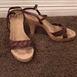 Franco Sarto brown leather, cork heeled sandals